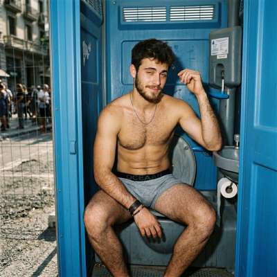 A guy is sitting in his underwear in a chemical toilet #inpublic #toilet