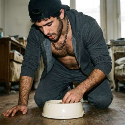 Fuck yeah, watch this hungry pup’s dickhead lap up every drop from that dog bowl while I force-feed him my cum-covered cock...