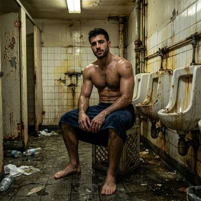 That filthy twink’s ass is dripping sweat as he slumps on the grimy bathroom floor, his hole glistening with filth and need....