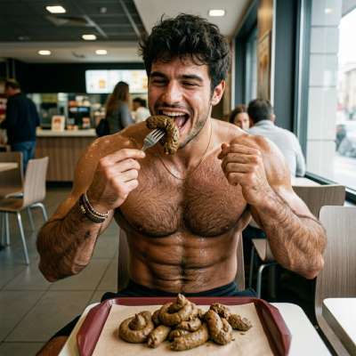 This hungry little slut just devoured a fresh steaming pile on the fast food table, licking every last bit with his filthy...