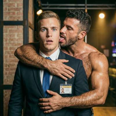 That muscular hunk drops to his knees for the security guard, tongue out, licking every inch of his uniform like a hungry...