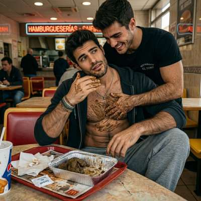 That hot waiter slathers shit all over my chest while I’m eating it off the fast food table 😈💦 #gayscat #fetish #inpublic