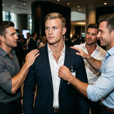 Security officer stands there, stone-faced, as three hungry dudes grope him like he’s their personal fucktoy 😈🔥 #fetish...