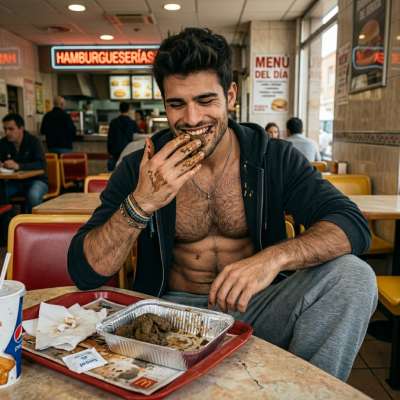 This dude’s face-deep in a pile of shit on the fast food table, licking every last drop like it’s the tastiest dessert 💩😋...