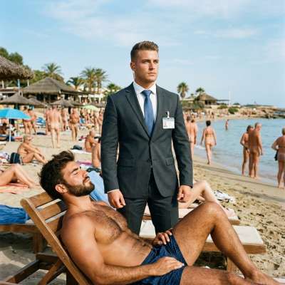 Security officer on the beach, guarding his master’s tight ass while getting his dick rammed raw in the sand. #security...