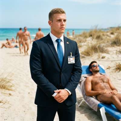 That muscular security dude guarding his master’s bare ass on the nudist beach? Fucking perfect power dynamic. #gayscat...