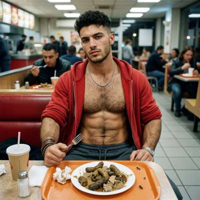 That cute twink just dropped a load of cum on the fast food table, leaving it all sticky and messy for everyone to see. 😈💦...