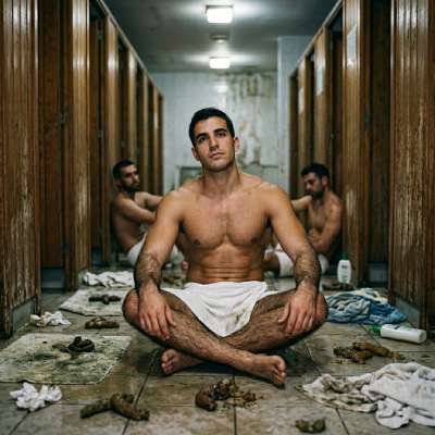 That boy sitting in the middle of the sauna floor, covered in warm, stinky shit, loving every second of it. His hole’s...