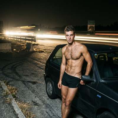 Fuck yeah, tighty-whities stretched to the max, ass cheeks peeking out while he flashes his soaked crotch to passing cars....
