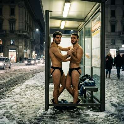 Two twinks in jockstraps at the snowy tram stop, freezing their tight little asses off while flashing their bulges to every...