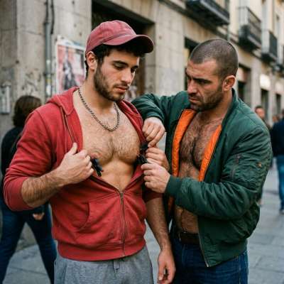 Skinhead clamps those nipples till they're purple, begging for more. The way he whimpers and arches into the pain? Fucking...