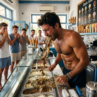 That pervy ice cream guy just puked all over the cones he’s serving—now every bite’s a filthy, chunky fucking mess. #gaypuke...