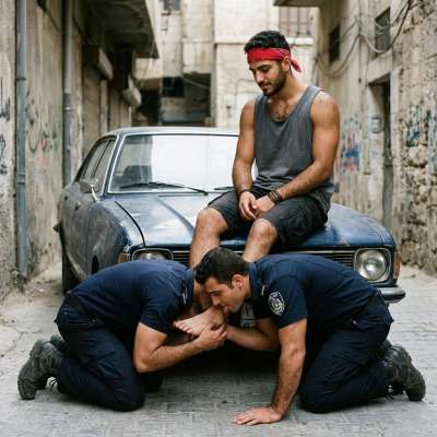Two cops on their knees worshipping a dude’s feet, tongues sliding between each toe while he grins down at them #fetish...