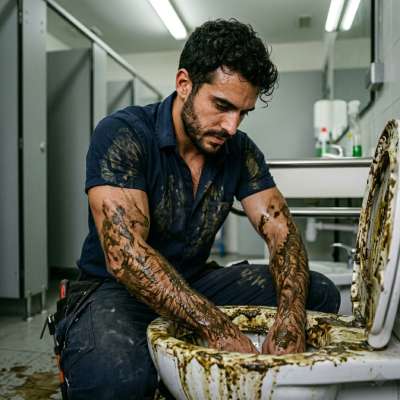 That plumber’s hands are buried deep in a shithole, fingers squelching through warm, stinking sludge as he fists every last...