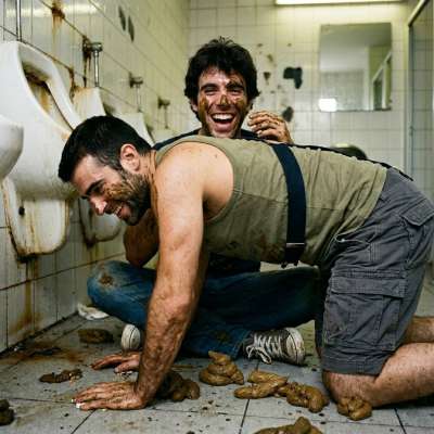 Two dudes getting filthy in a public bin, smearing shit all over each other’s holes, laughing as they finger-fuck the stink...