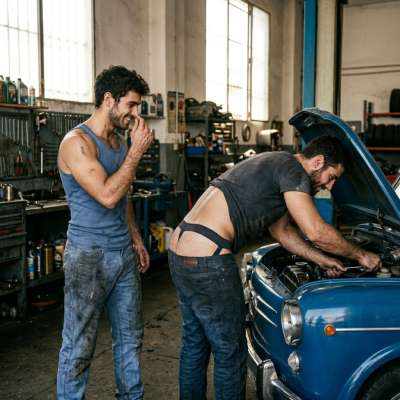 That jockstrap-clad mechanic gets his hands dirty fixing engines while his tight ass flexes in the grease. 🔧💦 #workers...