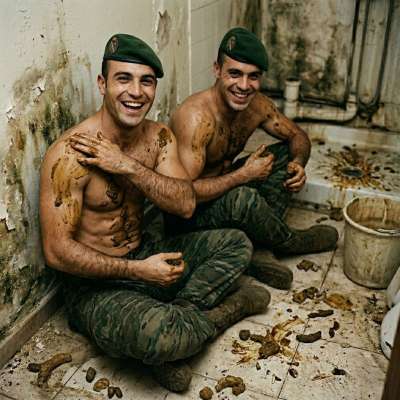 Two soldiers slather each other in shit, smearing it all over their tight bodies like hungry beasts. The stench is...