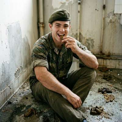 Military dude on his knees, tongue out, licking that warm shit off the floor like it’s the best fucking meal he’s ever had...