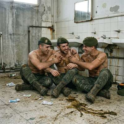 Three soldiers slathered themselves in shit, rubbing it all over their tight bodies like a filthy fucking lotion. The stench...