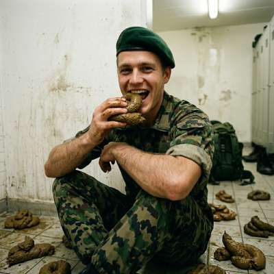 Military dude on his knees, slurping shit straight from the floor like a hungry pup 🐕💩 #gayscat #fetish #military