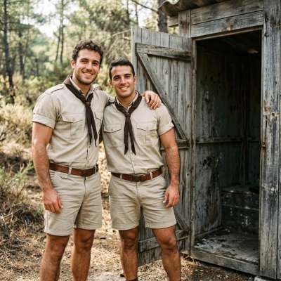 Two scouts boys grinning in front of a shithole, their tight asses twitching as they sniff the stinky air. Fuck, I’d love to...