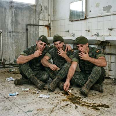 Three hungry soldiers devouring that thick, warm shit straight from the ass—no gloves, no shame, just pure filthy hunger....