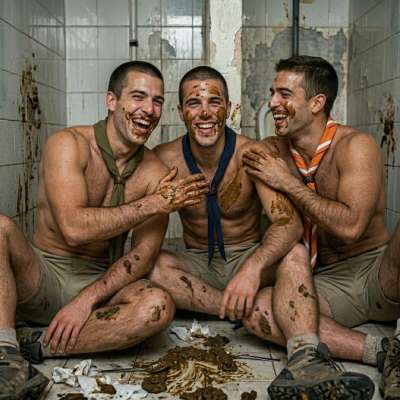Three #scout boys smearing each other’s shit all over their tight bodies, groaning as they rub it in deep, their filthy...