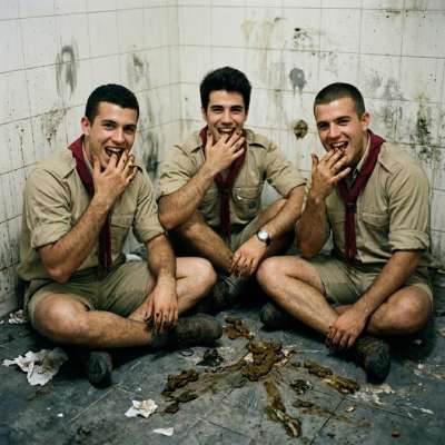 Three scouts slurping shit like it’s the finest fucking meal, their faces buried in each other’s asses while they choke on...