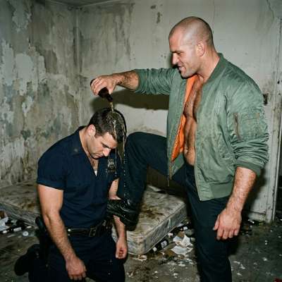 That skinhead makes the cop beg for mercy while he’s forced to worship his boots, licking every scuffed inch like a...