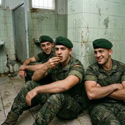 Military guy swallowing shit while his buddies watch, their dicks twitching in their pants 😈💦 #gayscat #fetish #military