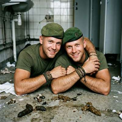 Two dirty soldiers on the floor, covered in cum and shit, their bodies glistening with sweat and filth as they rut like...
