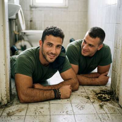 Two soldiers are sprawled on a floor slick with shit, their uniforms soaked in filth as they rut like animals in the muck....