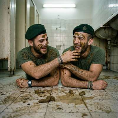 Two soldiers slather shit all over each other on the bathroom floor, grinding into the filth like it’s the hottest fucking...