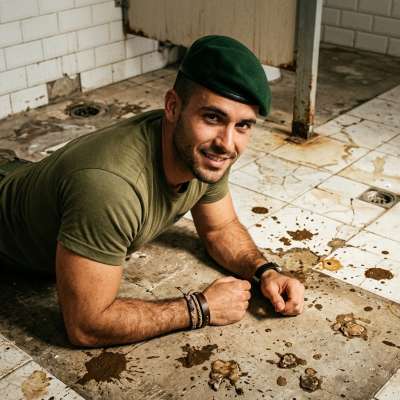 That filthy soldier is face-down in the shit-covered floor, his asshole gaping for more. His cock throbs as he imagines...