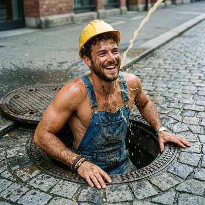 That rough-handed worker grunts as he unzips, his thick stream pelting my face—hot, salty, and fucking glorious. I gag but...