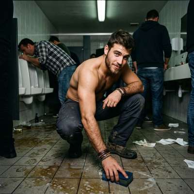 Cleaning up the sticky floor in the pub bathroom while drunk queers puke all over it 🤢🔥 gotta love the mushy mess under my...