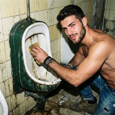 That filthy little twink’s pissing in the grimy pub bogs, leaving golden rivers on the filth-stained tiles while I watch,...