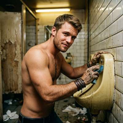 That filthy twink’s pissing all over the grimy pub bogs, splashing golden streams on the piss-stained tiles while moaning...