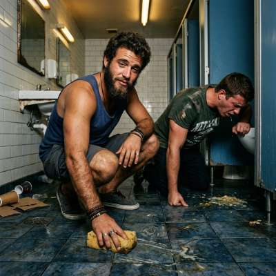 Cleaning up the sticky puke off the bathroom floor while drunk gays groan and groan, their filthy mouths still dripping with...