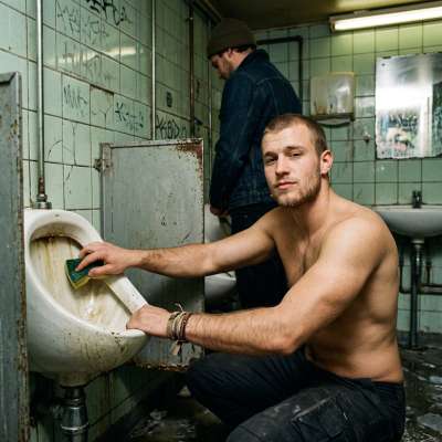 That filthy twink pisses all over the grimy pub toilets, leaving golden streams on the cracked tiles while moaning like a...
