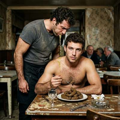 A young pervert continues to eat shit while the waiter vomits on his plate #gayscat #gaypuke #dirtykitchen #submission #hairy
