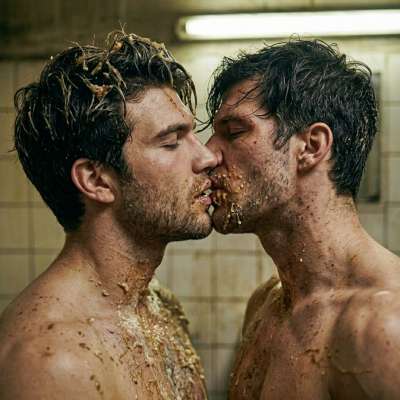 Two boys kissing each other covered in vomit #gaypuke #kiss #hairy