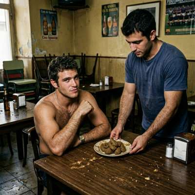 A waiter brings a plate full of shit to a customer #gayscat #dirtykitchen #submission