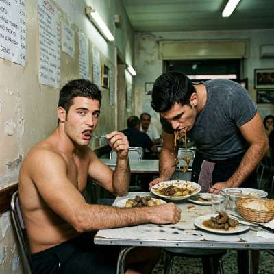 A young pervert continues to eat shit while the waiter vomits on his plate #gayscat #gaypuke #dirtykitchen #humiliation...
