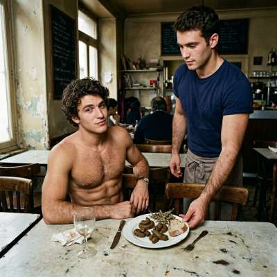 A waiter brings a plate full of shit to a customer #gayscat #dirtykitchen #submission