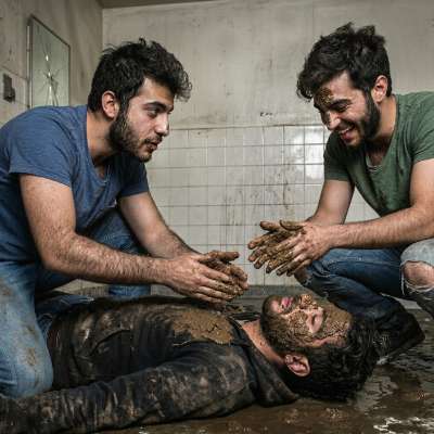 Two dudes stuffing a guy full of shit till his belly’s bulging and his ass is leaking—nothing hotter than a filthy little...