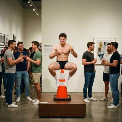 This artist just took "performance art" to a whole new level—stuffing a traffic cone up his tight ass for the gallery...