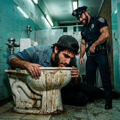 Dirty boy licking filthy public toilet seat while some dude pisses in the pot 😈💦 #gayscat #dirtycops #toilet #humiliation
