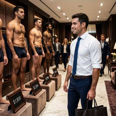 Rich daddy walks into a boutique full of eager escortboys ready to serve his every filthy fantasy. No limits, no...