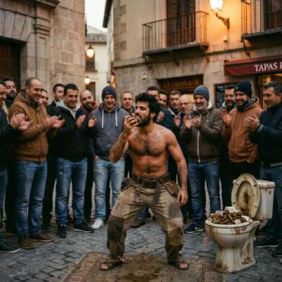 This street artist is eating shit in public like a hungry pig 🐷💦 #gayscat #inpublic #toilet #street #hairy